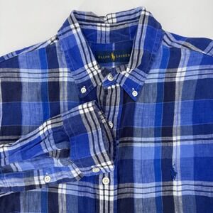 Ralph Lauren Mens Medium Pony Linen Blue Plaid Button Down Shirt Long Sleeve